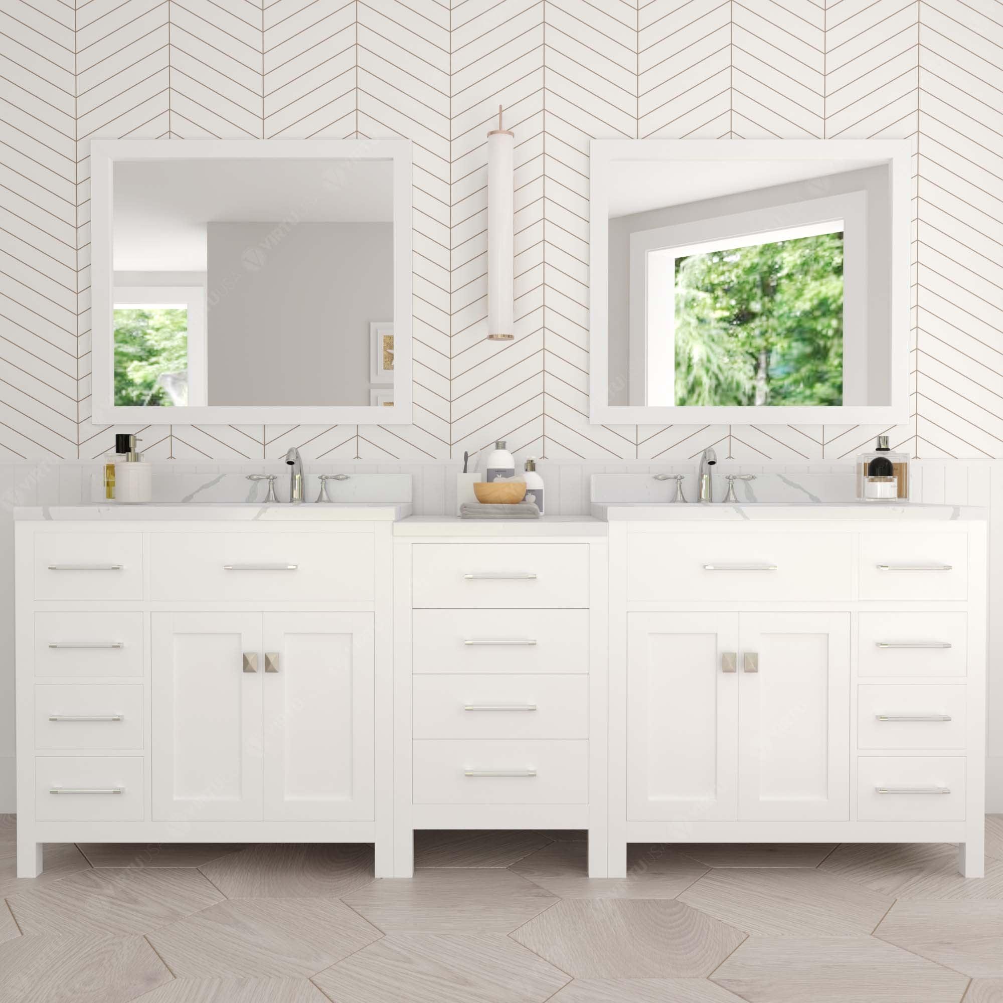 Caroline Parkway 93" Double Bath Vanity with Calacatta Quartz Top and Square Sinks with Brushed Nickel Faucets with Matching Mirror - Bathroom Design Center