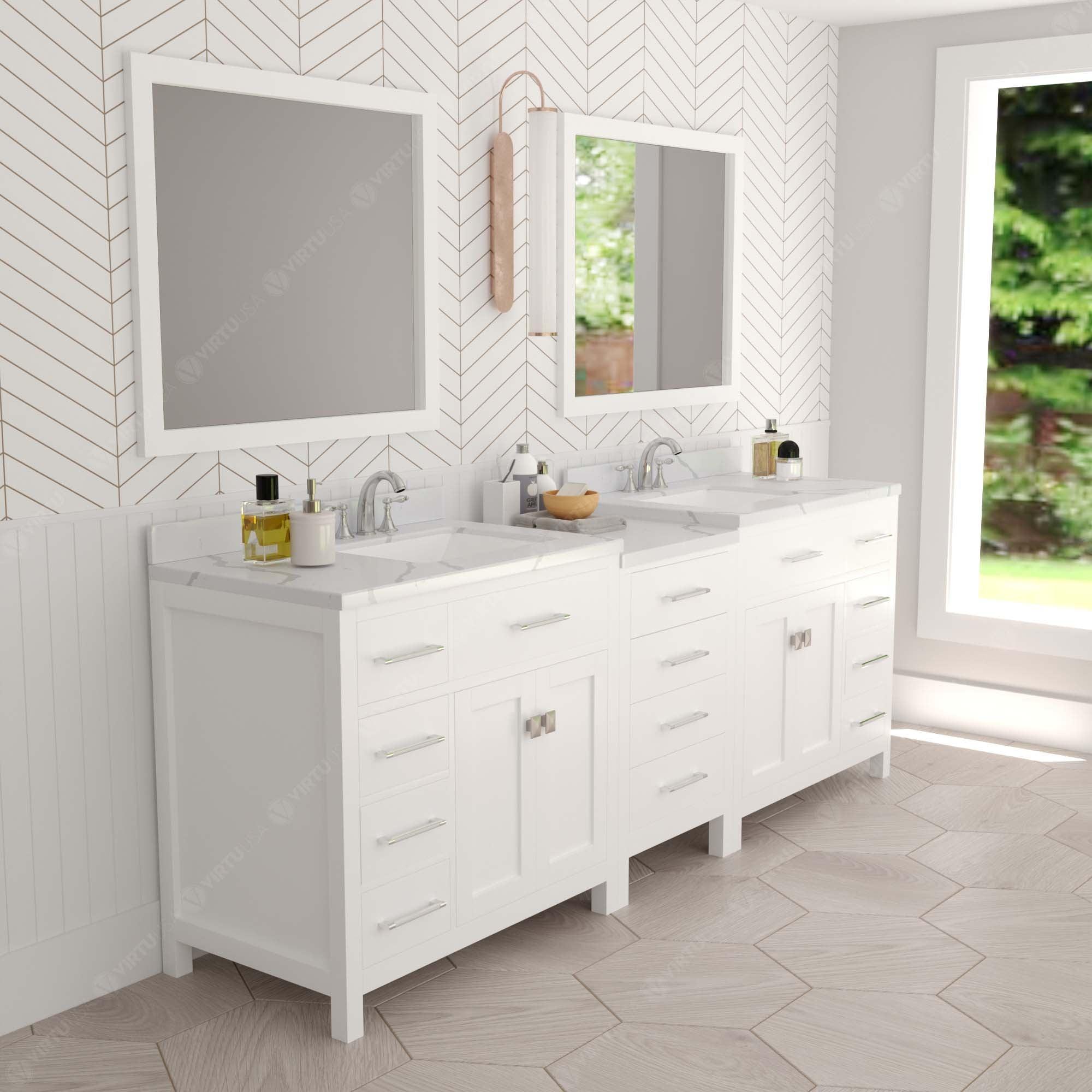 Caroline Parkway 93" Double Bath Vanity with Calacatta Quartz Top and Square Sinks with Brushed Nickel Faucets with Matching Mirror - Bathroom Design Center