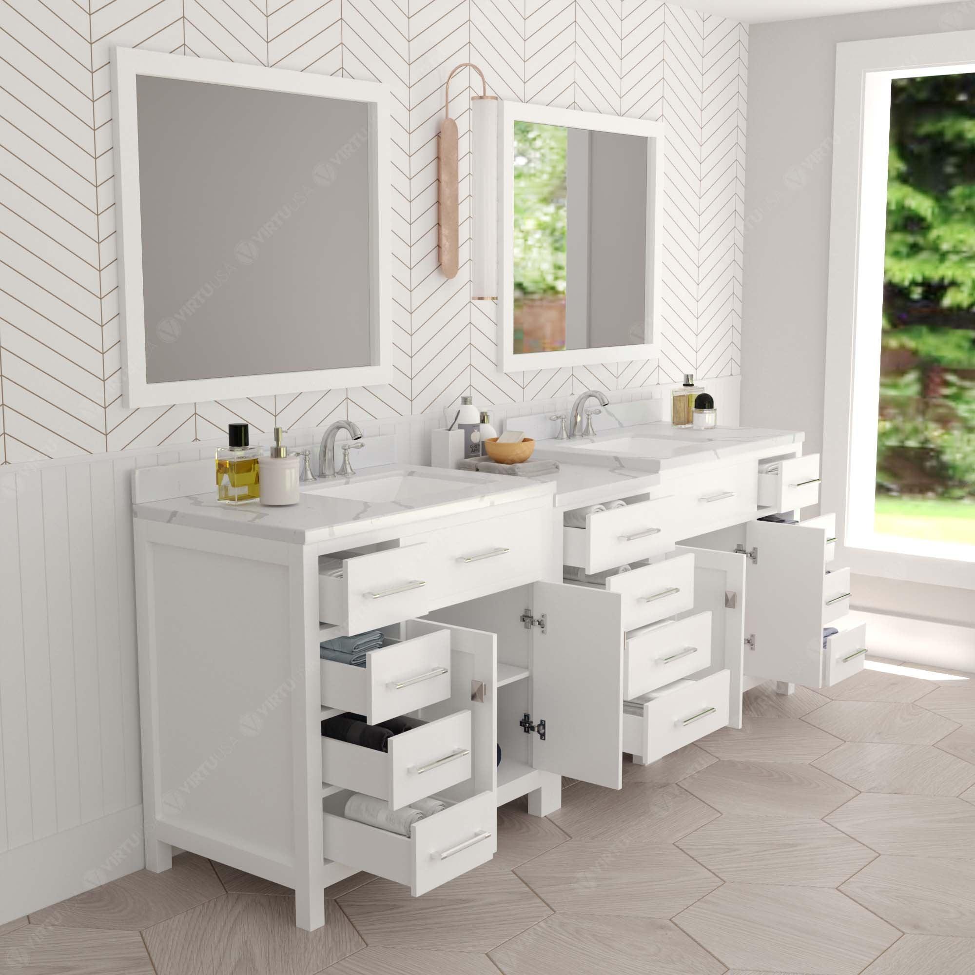 Caroline Parkway 93" Double Bath Vanity with Calacatta Quartz Top and Square Sinks with Brushed Nickel Faucets with Matching Mirror - Bathroom Design Center