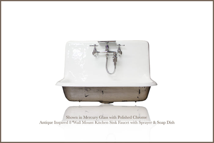 WatermarkFixtures Antique Inspired 30" High Back Farm Sink Cast Iron Original Porcelain Finish Wall Mount Kitchen Sink Mercury Glass Finish