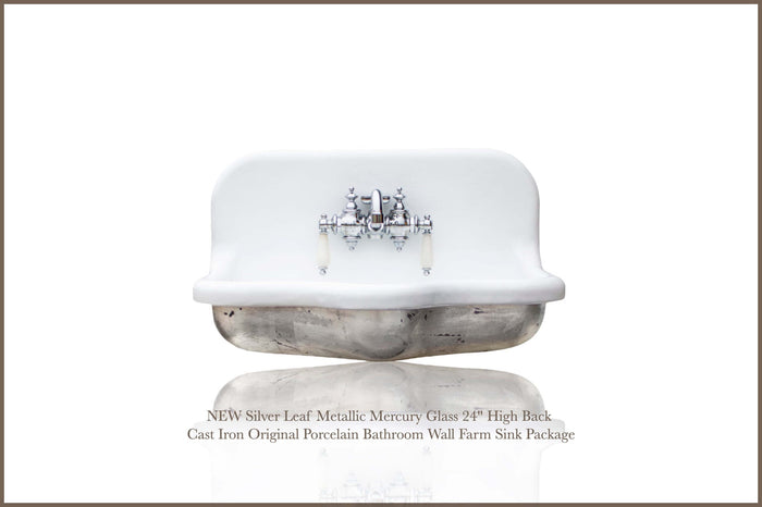 WatermarkFixtures Silver Leaf Mercury Glass 24 Inch High Back Cast Iron Porcelain Wall Farm Sink Package