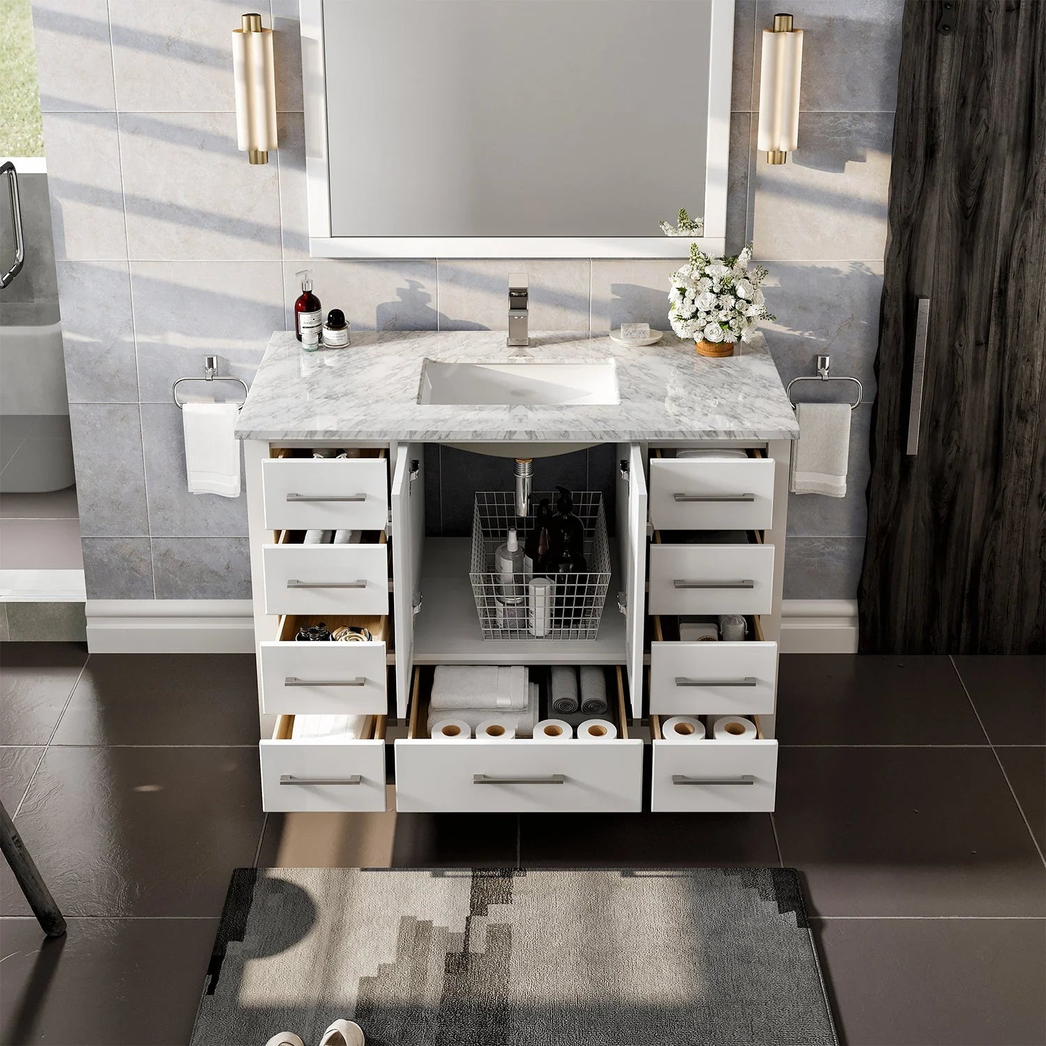 Eviva London Transitional Bathroom Vanity w/ White Carrara Top - Bathroom Design Center