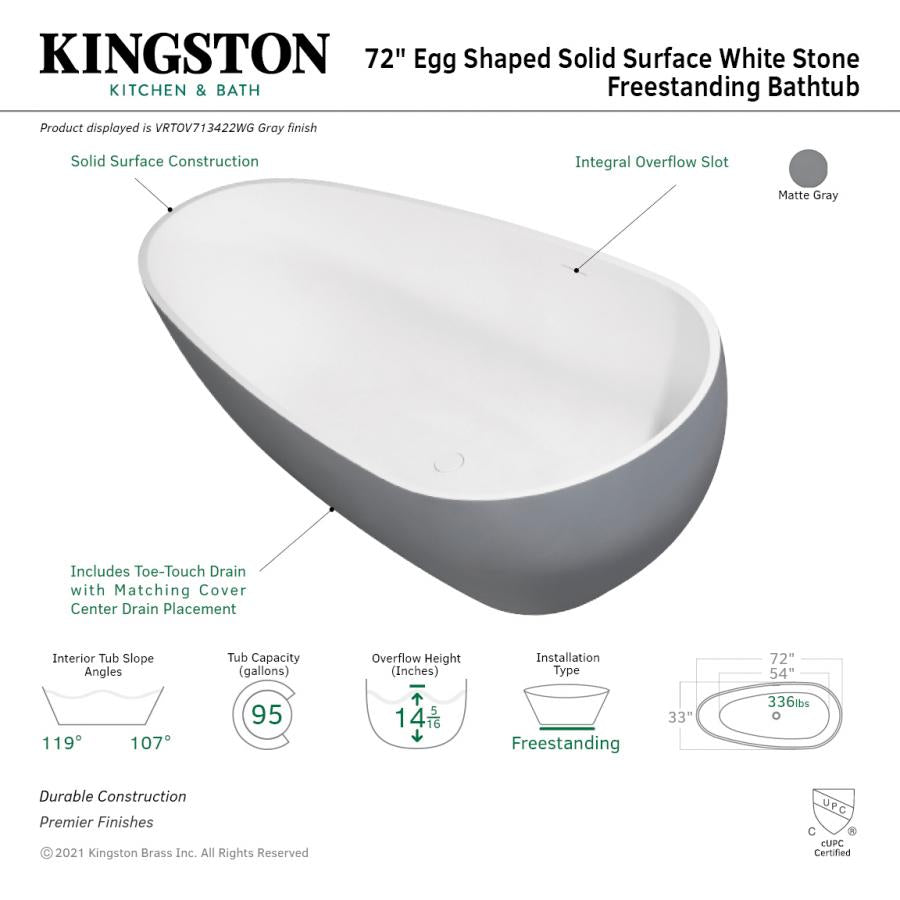 Kingston Brass Aqua Eden Arcticstone 72" Egg Shaped Solid Surface Freestanding Tub with Drain, Glossy White/Matte Gray