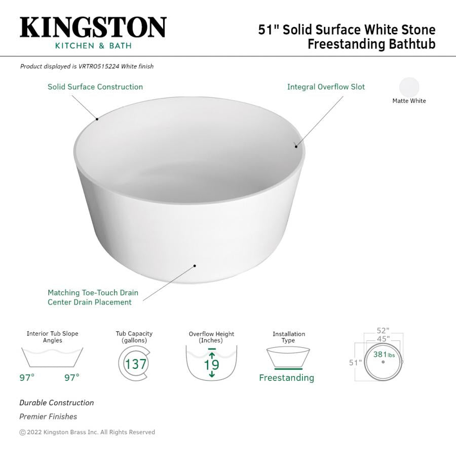 Kingston Brass Aqua Eden Arcticstone 51" Round Solid Surface Freestanding Tub with Drain, Matte White