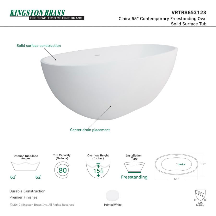 Kingston Brass Aqua Eden Arcticstone 65-Inch Solid Surface White Stone Freestanding Tub with Drain, Matte White