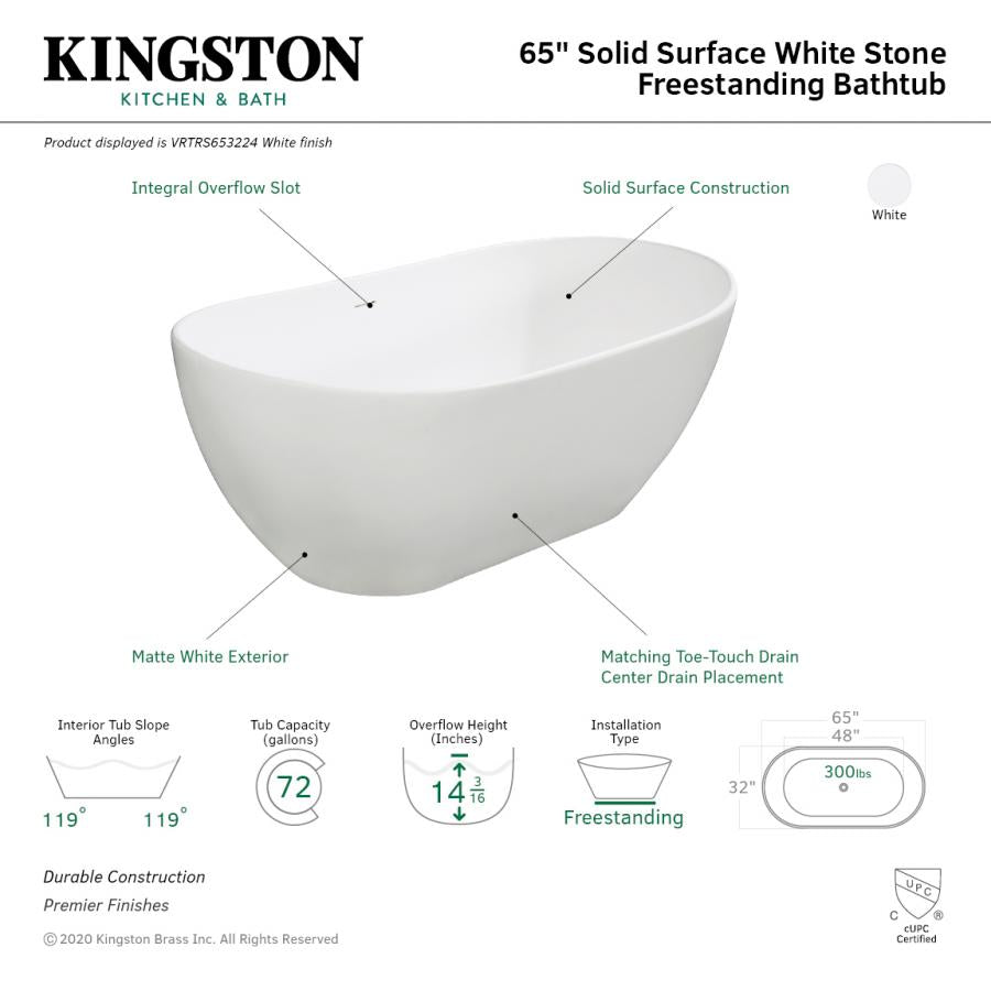 Kingston Brass Aqua Eden Arcticstone 65-Inch Solid Surface White Stone Freestanding Tub with Drain, Matte White