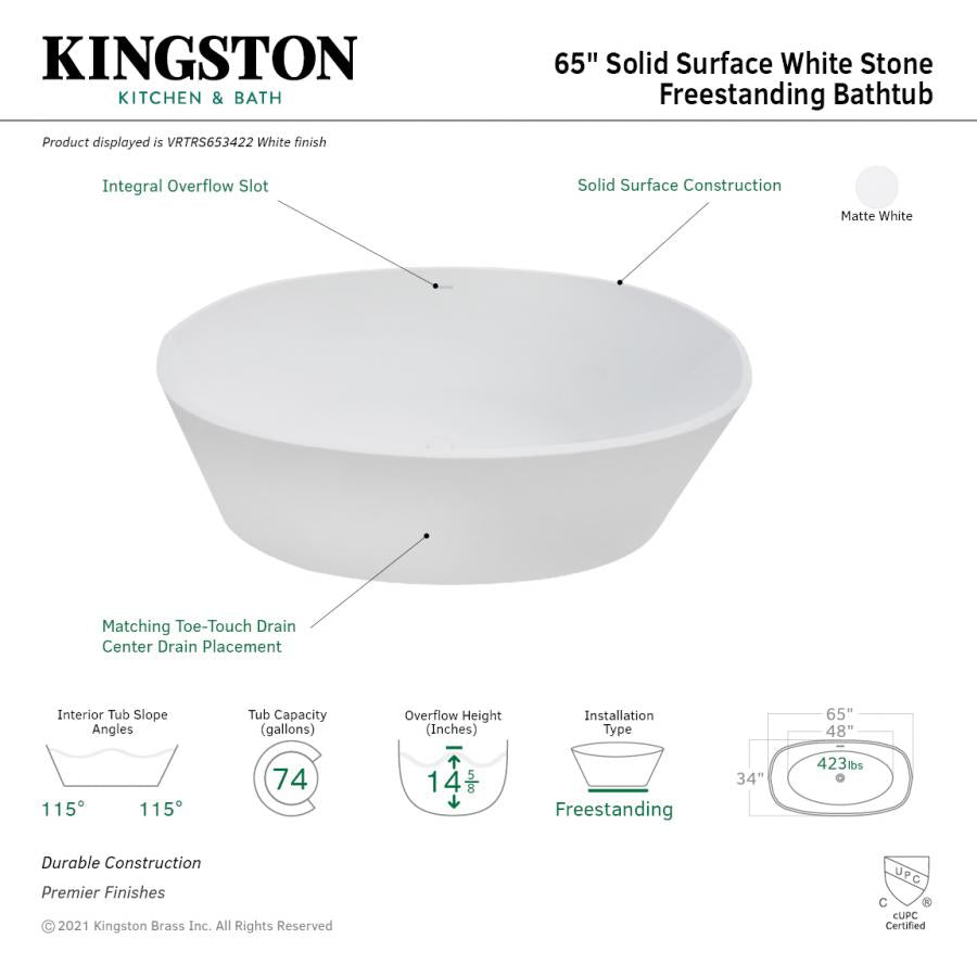 Kingston Brass Aqua Eden Arcticstone 65-Inch Solid Surface White Stone Freestanding Tub with Drain, Matte White
