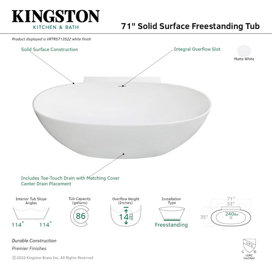 Kingston Brass Aqua Eden Acrticstone 71-Inch Solid Surface Freestanding Tub with Drain, Matte White