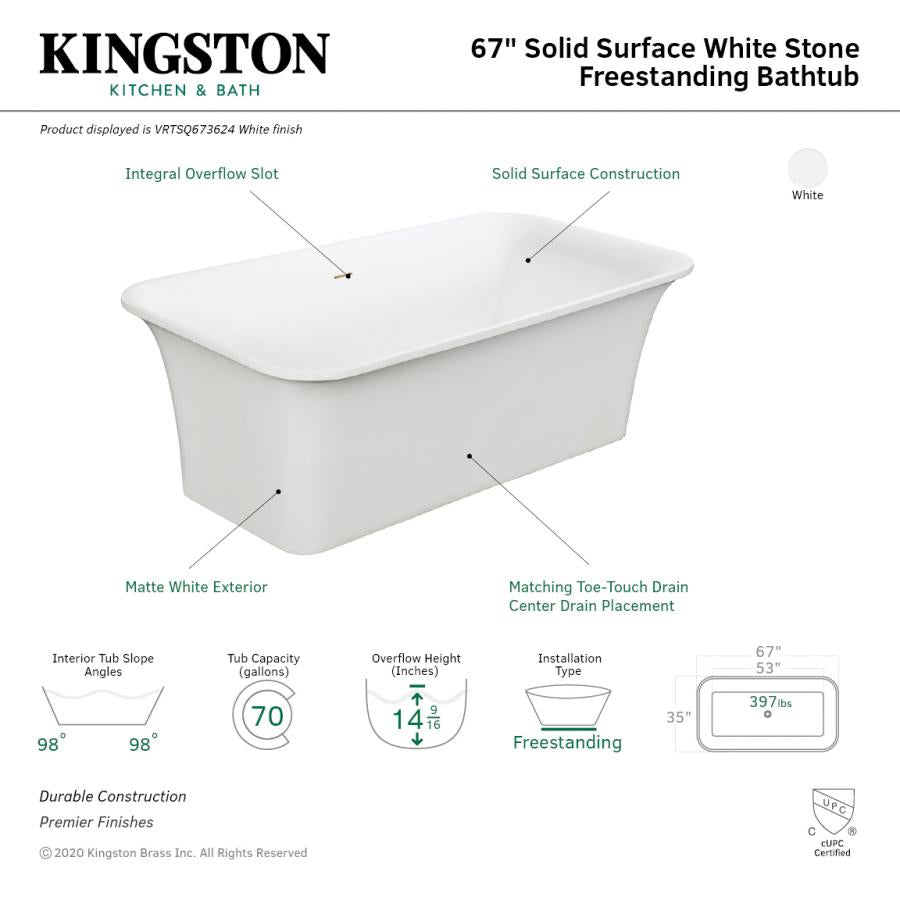 Kingston Brass Aqua Eden Arcticstone 67-Inch Solid Surface White Stone Freestanding Tub with Drain, Matte White