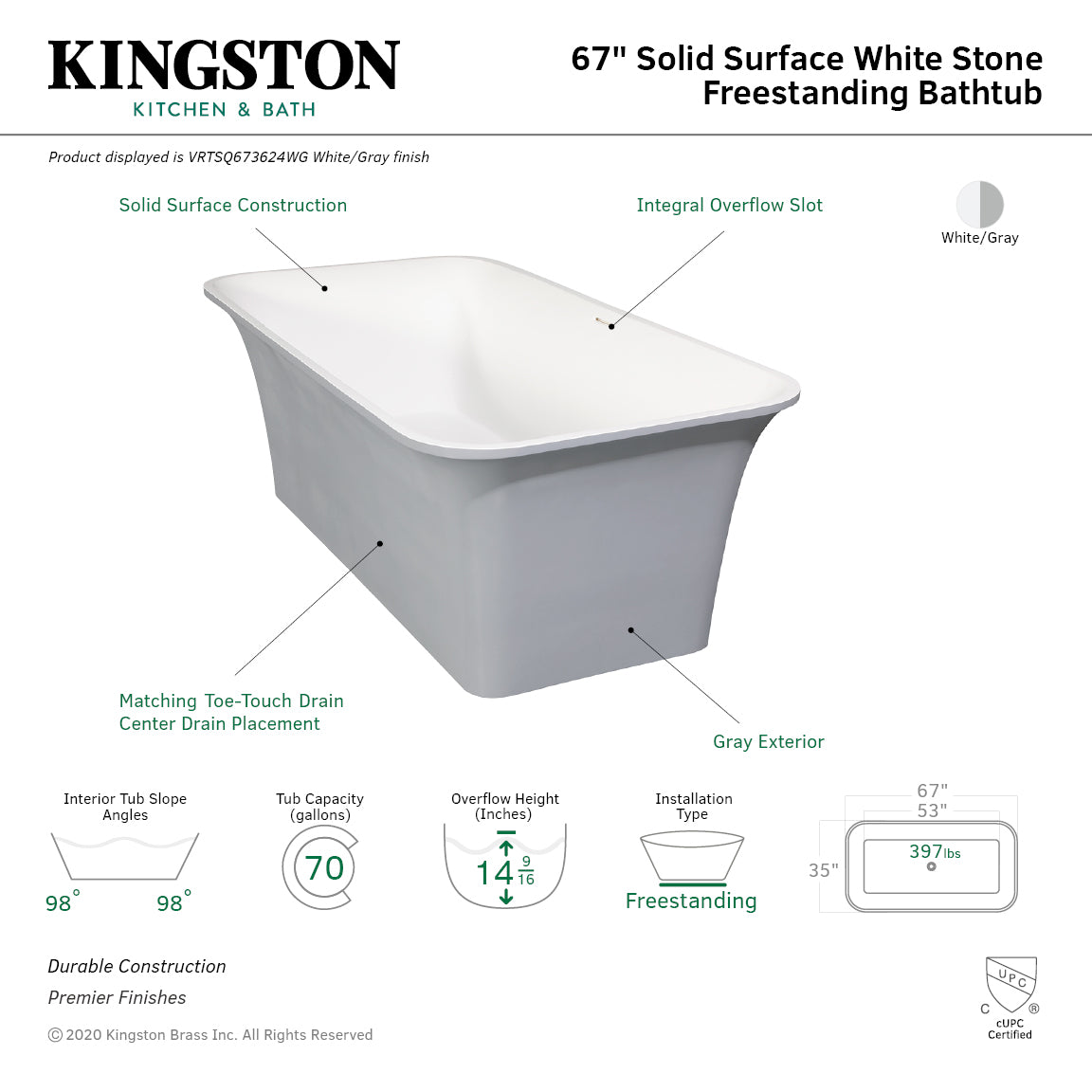 Kingston Brass Aqua Eden Arcticstone 67-Inch Solid Surface White Stone Freestanding Tub with Drain in Matte White/Gray