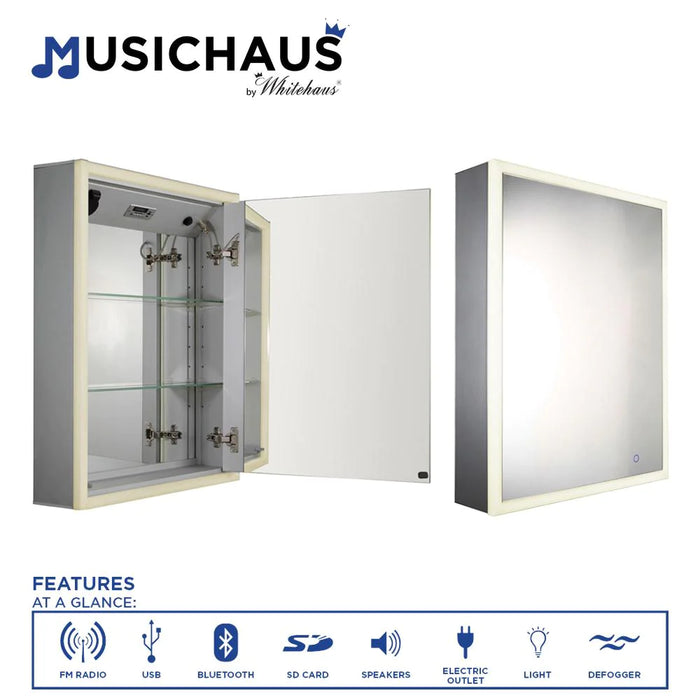 MUSICHAUS by WHITEHAUS Single Mirrored Door Medicine Cabinet With USB, SD Card, Bluetooth, Fm Radio, Speakers, Defogger, & Dimmer