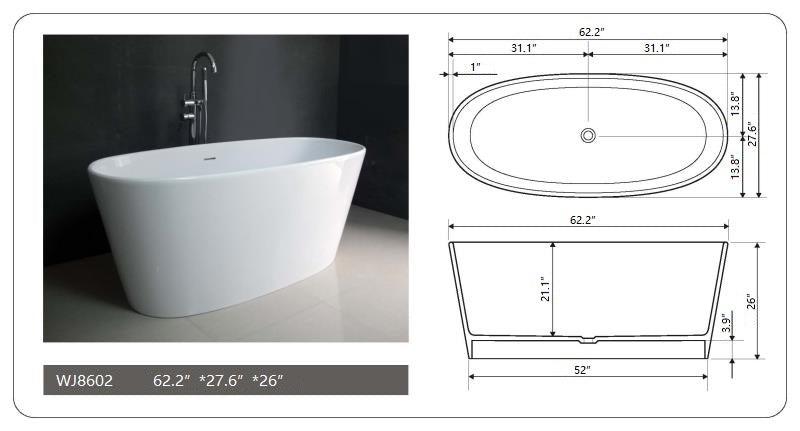 Legion Furniture 62.2" Solid Surface Free Standing Bathtub - Bathroom Design Center