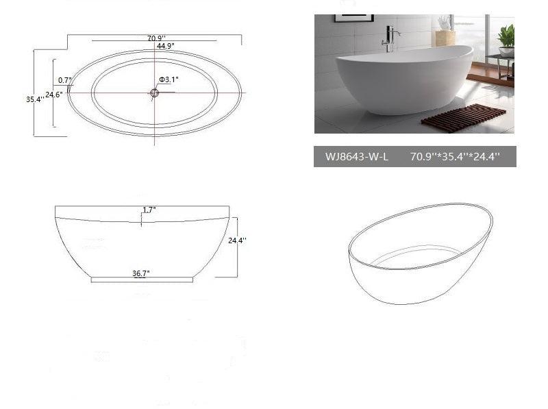 Legion Furniture 71" White Matt Solid Surface Tub, No Faucet - Bathroom Design Center