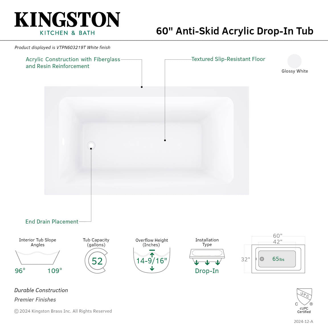 Kingston Brass VTPN603219T 60" Acrylic Rectangular Drop-In Tub with Anti-Skid Surface, Glossy White