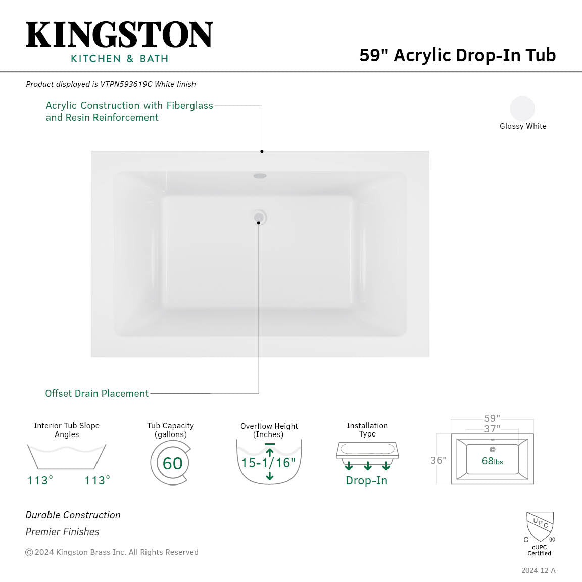 Aqua Eden VTPN593619C 59" Acrylic Rectangular Drop-In Tub with Reversible Drain, Glossy White