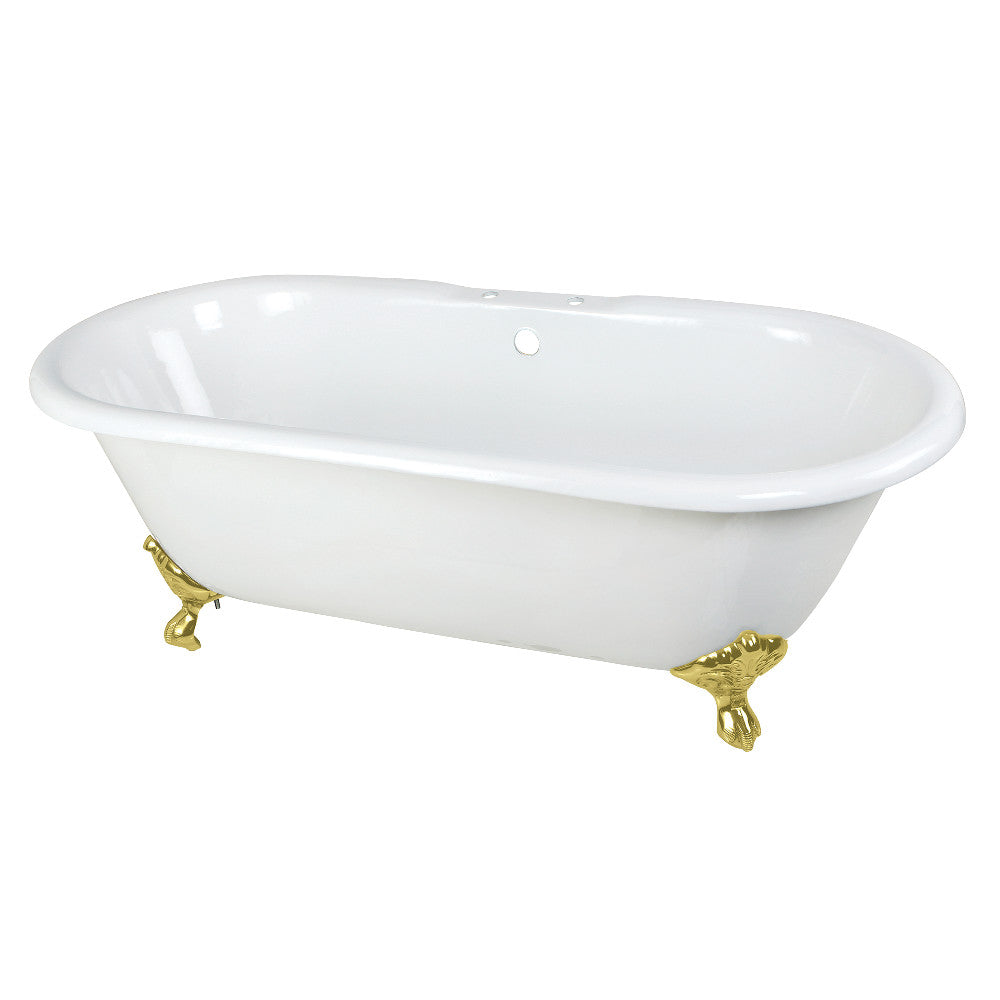 Aqua Eden VCT7D663013NB2 66" Cast Iron Oval Double Ended Clawfoot Tub (7" Faucet Drillings), White/Polished Brass