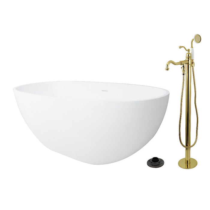 Kingston Brass KRTRS6531132AL 65" Solid Surface Oval Double Ended Freestanding Tub with Faucet Combo and Drain, Polished Brass