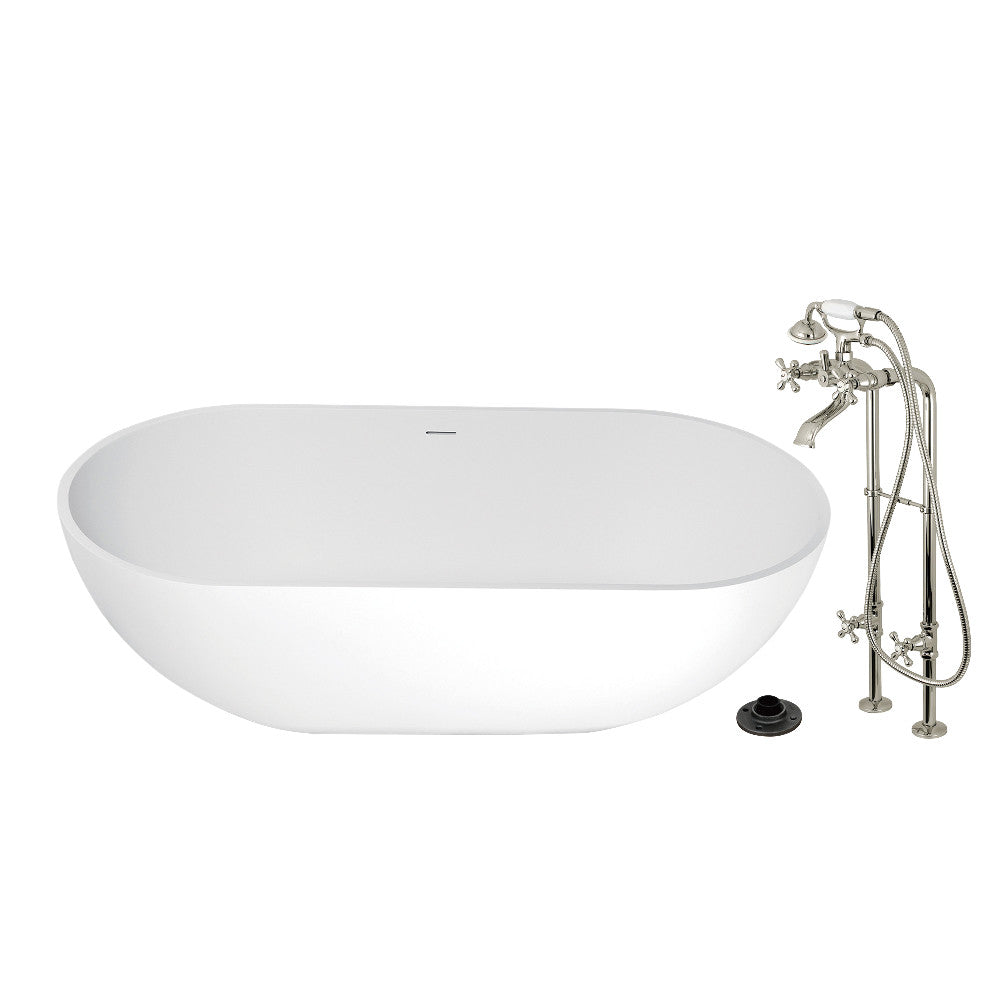 Kingston Brass KRTRS7035266K6 70" Solid Surface Oval Double Ended Freestanding Tub with Faucet Combo and Drain, Polished Nickel