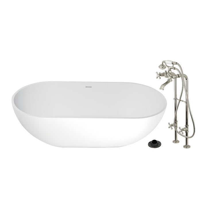 Kingston Brass KRTRS7035266K6 70" Solid Surface Oval Double Ended Freestanding Tub with Faucet Combo and Drain, Polished Nickel