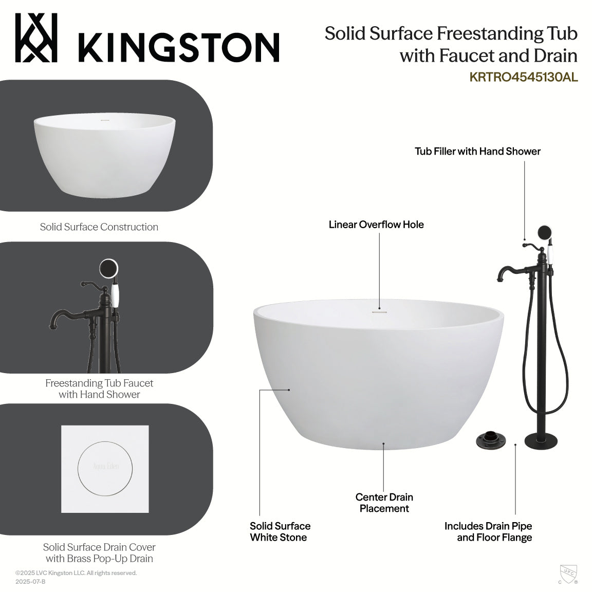 Kingston Brass KRTRO4545135AL 45" Solid Surface Round Double Ended Freestanding Tub with Faucet Combo and Drain, Oil Rubbed Bronze