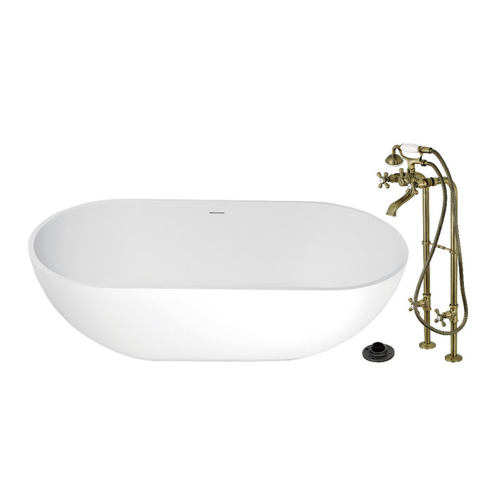 Kingston Brass KRTRS7035266K3 70" Solid Surface Oval Double Ended Freestanding Tub with Faucet Combo and Drain, Antique Brass