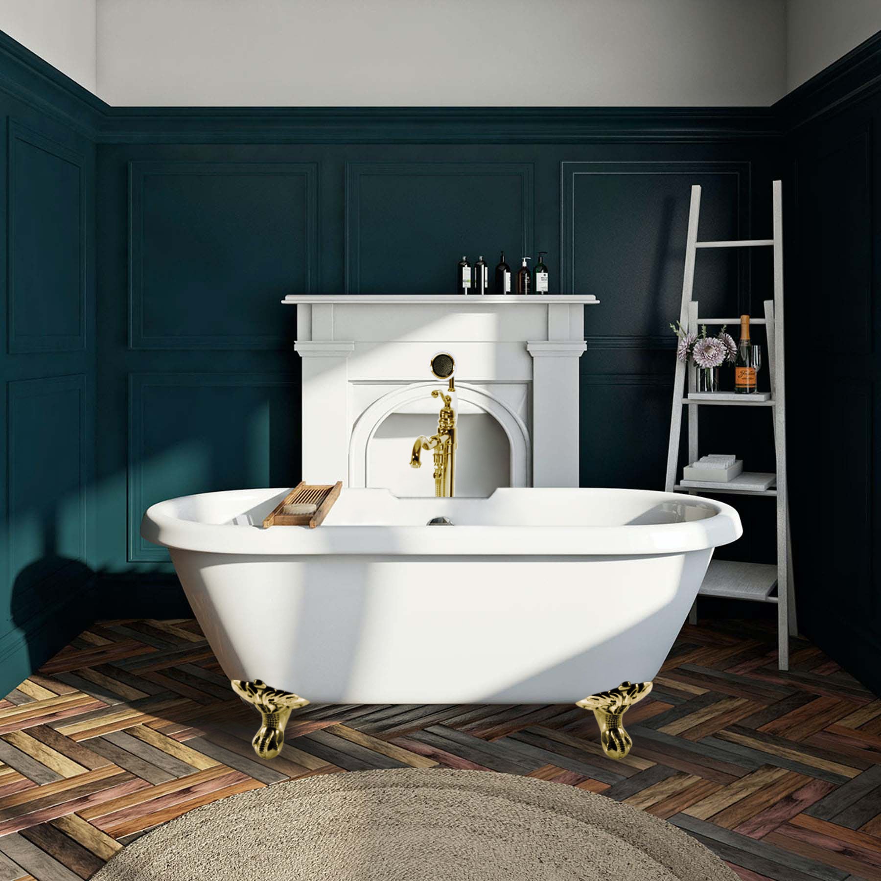 Aqua Eden VTDS672924JNH2 67" Acrylic Oval Double Ended Clawfoot Tub (No Faucet Drillings), Glossy White/Polished Brass