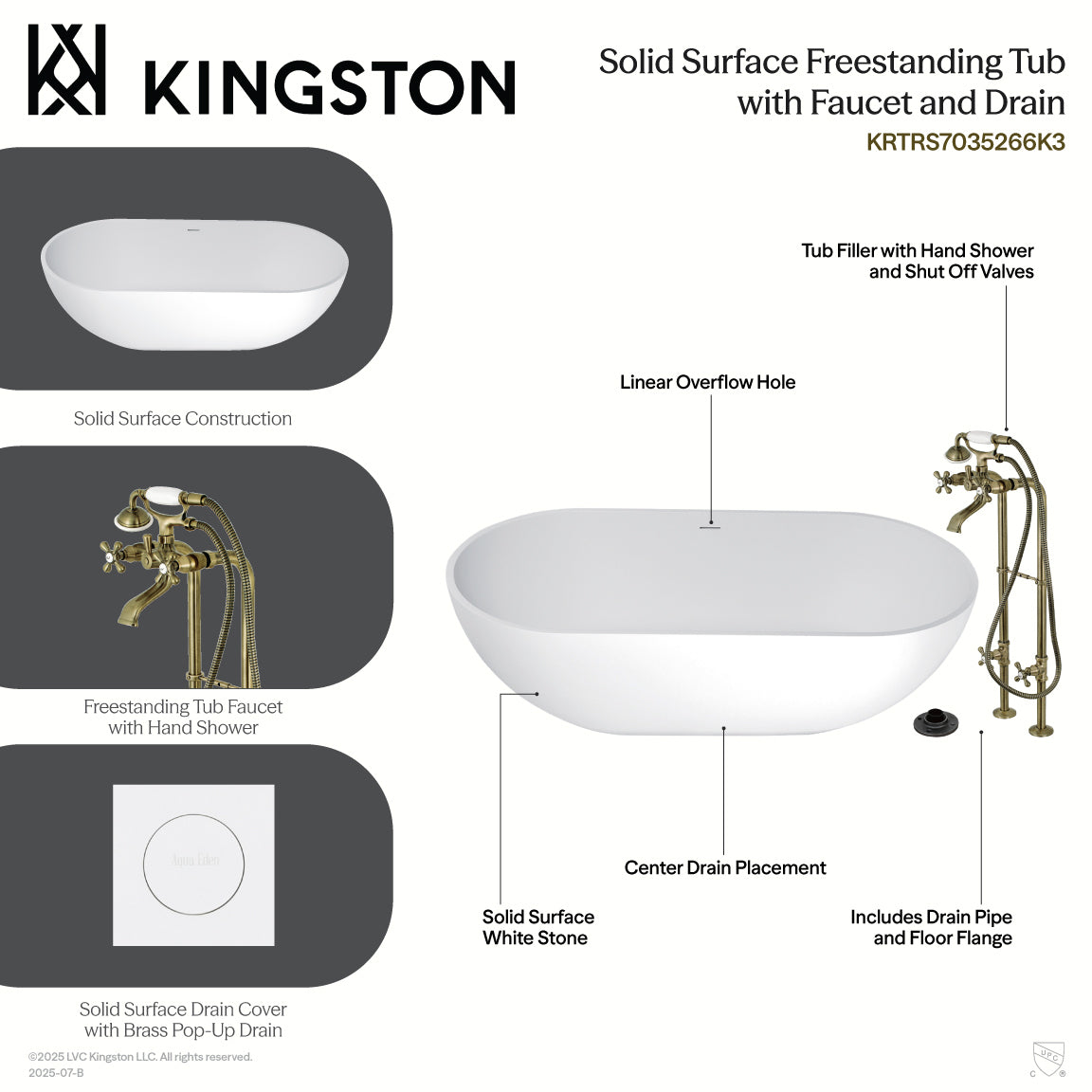 Kingston Brass KRTRS7035266K0 70" Solid Surface Oval Double Ended Freestanding Tub with Faucet Combo and Drain, Matte Black