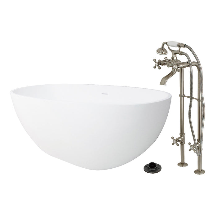 Kingston Brass KRTRS6531266K8 65" Solid Surface Oval Double Ended Freestanding Tub with Faucet Combo and Drain, Brushed Nickel