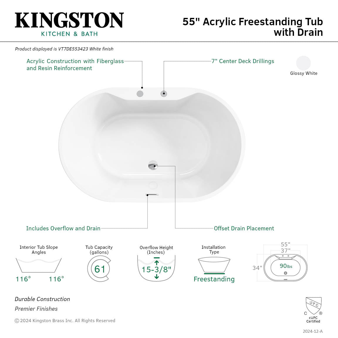 Kingston Brass VT7DE553423 55" Acrylic Oval Double Ended Freestanding Tub with Drain, Glossy White