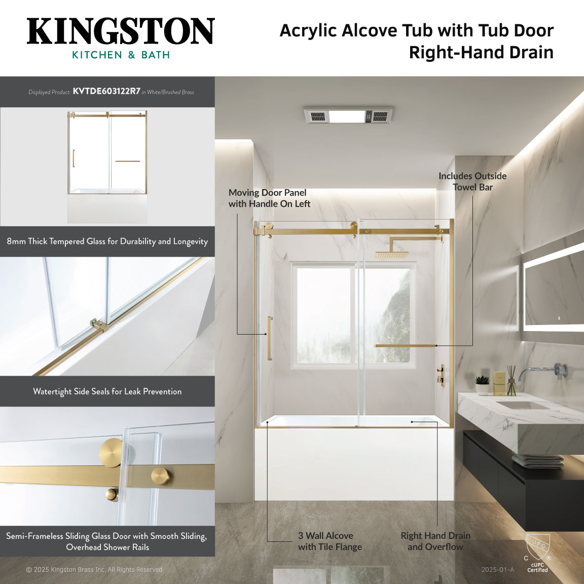 Kingston Brass KVTDE603122R7 60" Acrylic Rectangular 3-Wall Alcove Tub Combo with Tub Door (Right Hand Drain), White/Brushed Brass
