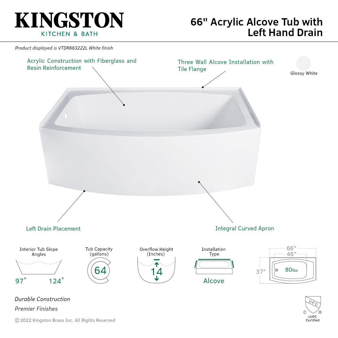 Aqua Eden VTDR663222L 66" Acrylic Curved Rectangular Apron 3-Wall Alcove Tub, Left Hand Drain, Glossy White