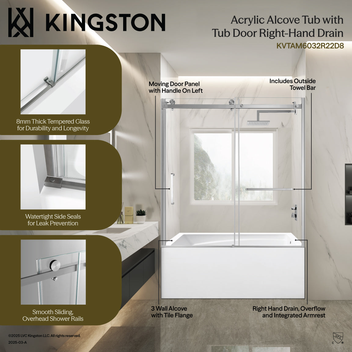Kingston Brass KVTAM6032R22D0 60" Acrylic Rectangular 3-Wall Anti-Skid Alcove Tub Combo with Tub Door (Right Hand Drain), White/Matte Black