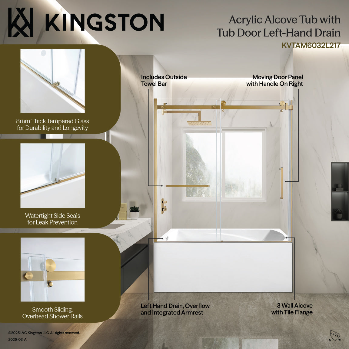 Kingston Brass KVTAM6032L218 60" Acrylic Rectangular 3-Wall Alcove Tub Combo with Tub Door (Left Hand Drain), White/Brushed Nickel