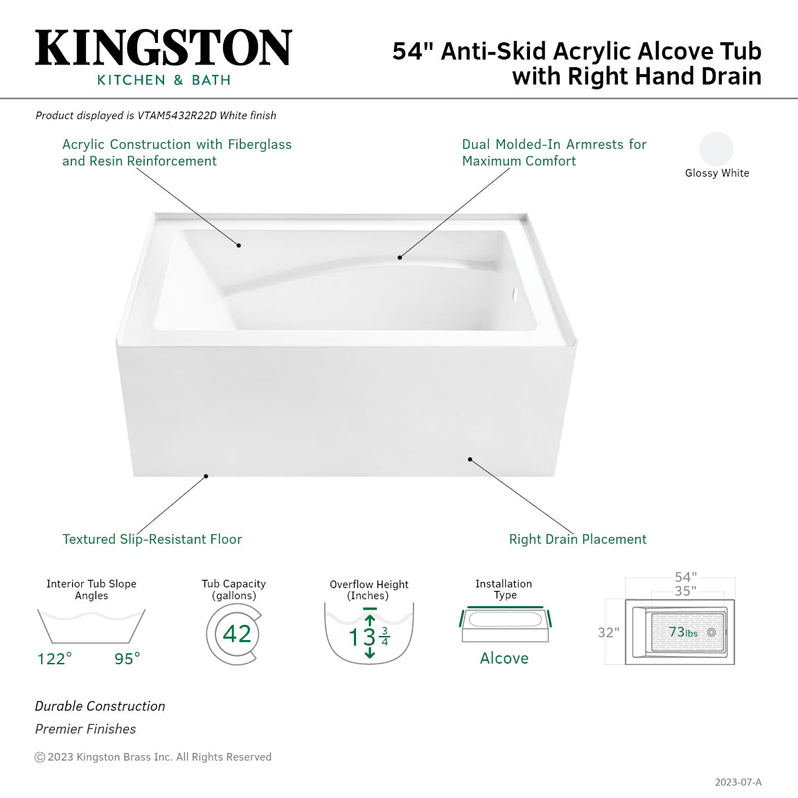 Aqua Eden VTAM5432R22D 54" Acrylic Rectangular 3-Wall Alcove Tub, Right Hand Drain and Anti-Skid Surface, Glossy White