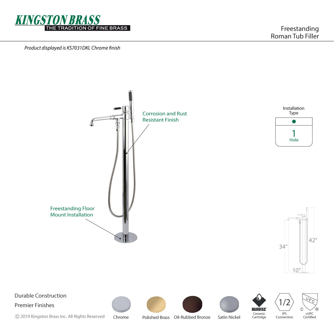 Kingston Brass KS7032DKL Kaiser Freestanding Tub Faucet with Hand Shower, Polished Brass