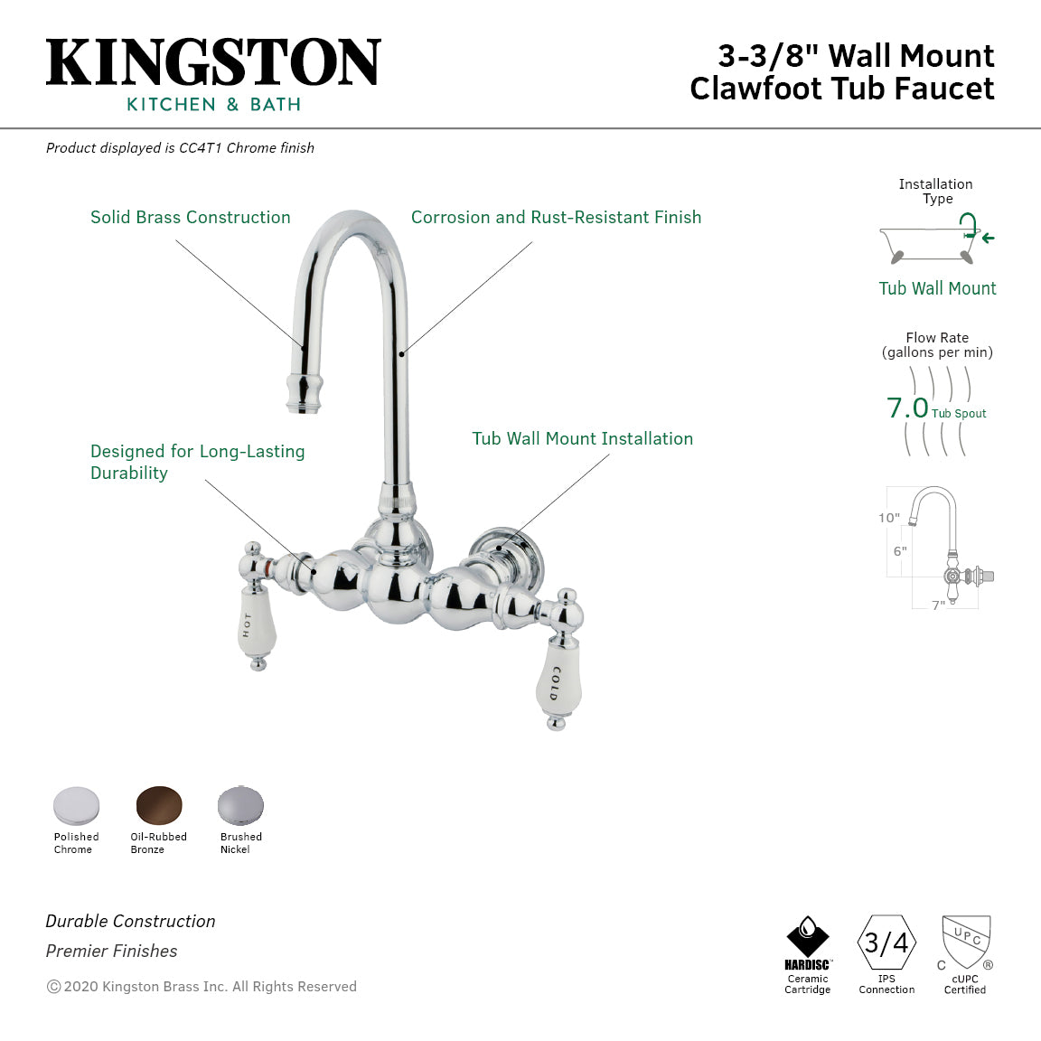 Kingston Brass CC3T5 Vintage 3-3/8-Inch Wall Mount Tub Faucet, Oil Rubbed Bronze