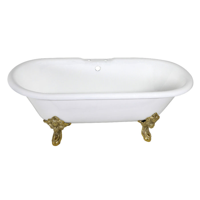 Aqua Eden VCT7DE7232NL2 72" Cast Iron Oval Double Ended Clawfoot Tub (7" Faucet Drillings), White/Polished Brass