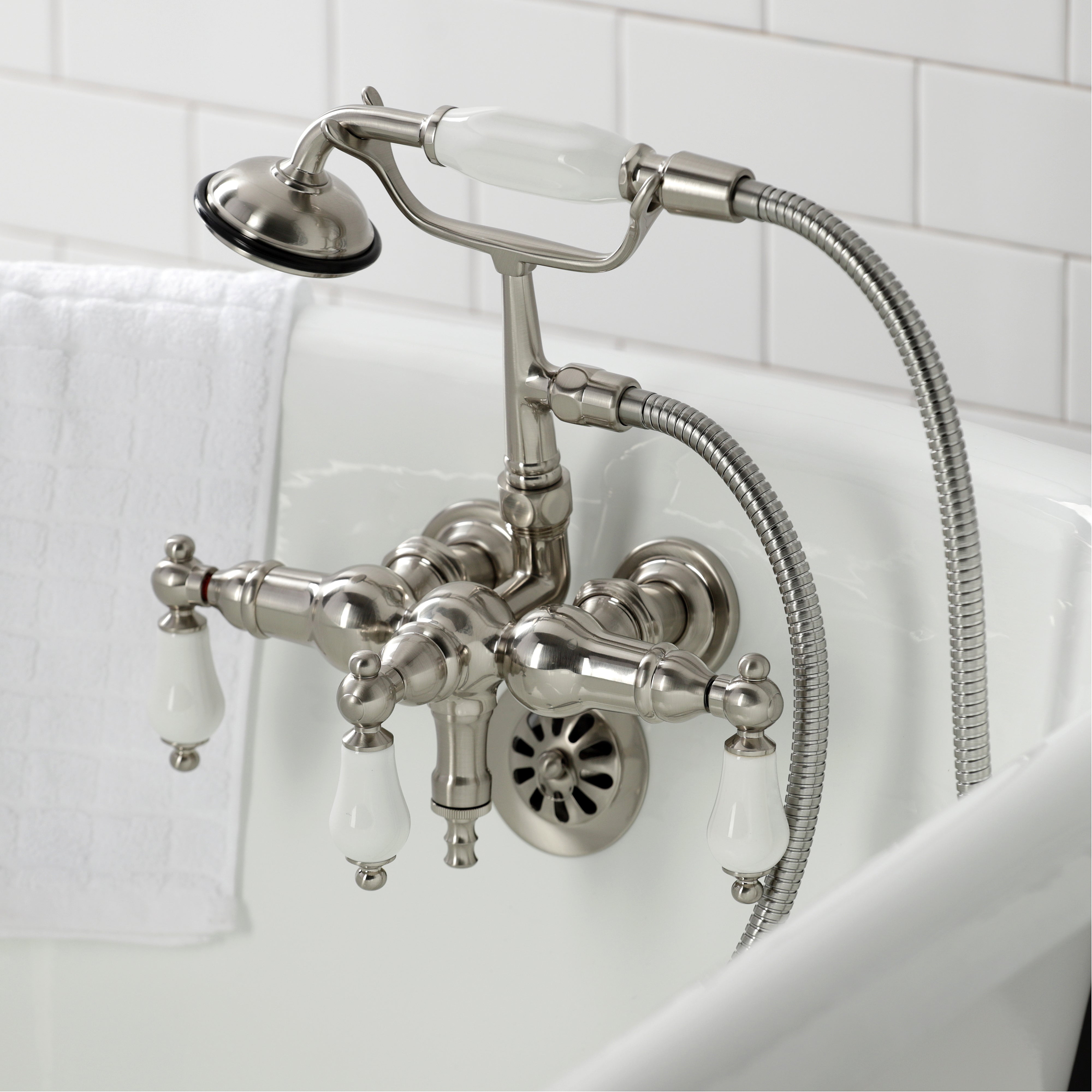 Kingston Brass CA23T8 Vintage 3-3/8" Tub Wall Mount Clawfoot Tub Faucet with Hand Shower, Brushed Nickel