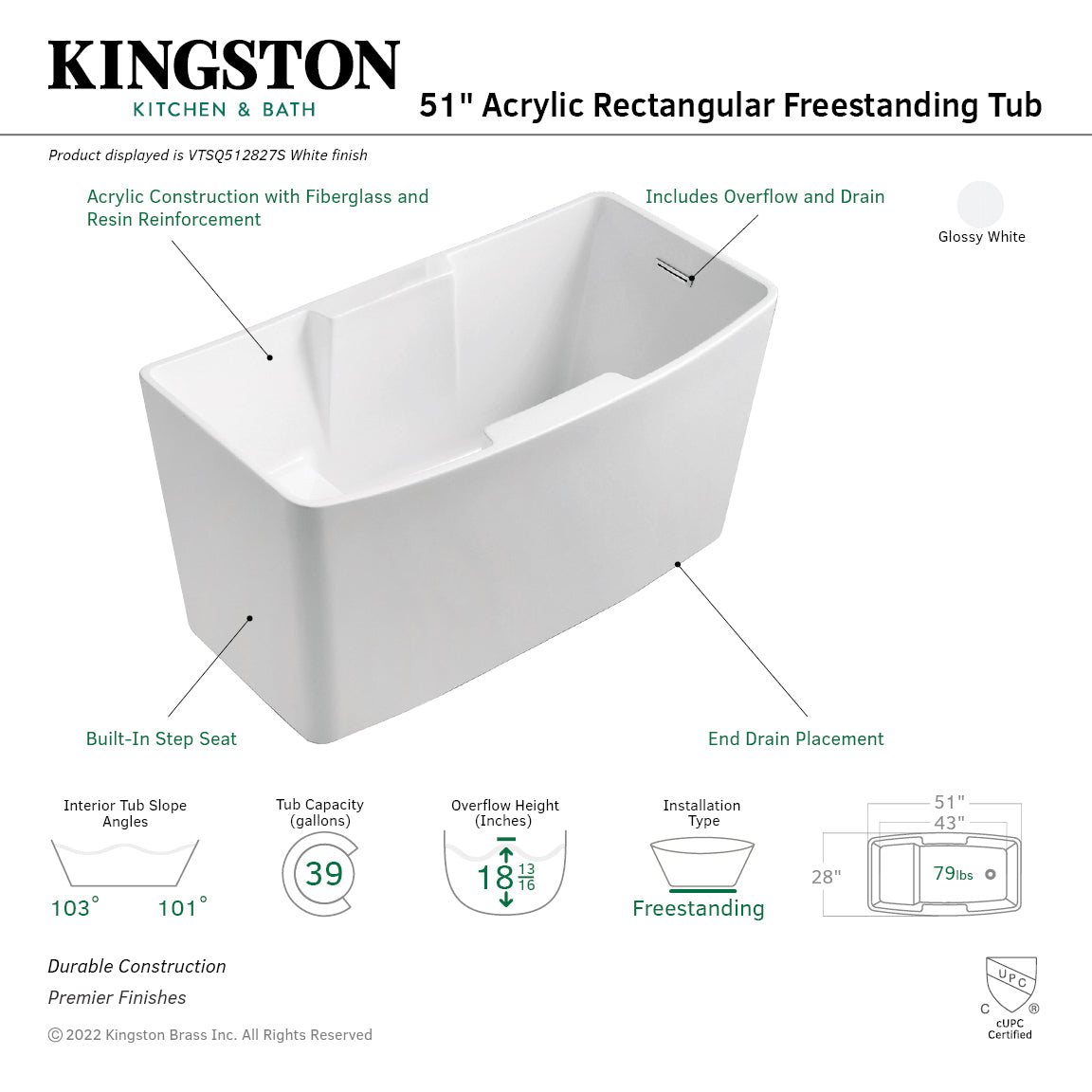 Kingston Brass VTSQ512827S 51" Acrylic Rectangular Double Slipper Freestanding Tub with Drain and Integrated Seat, Glossy White