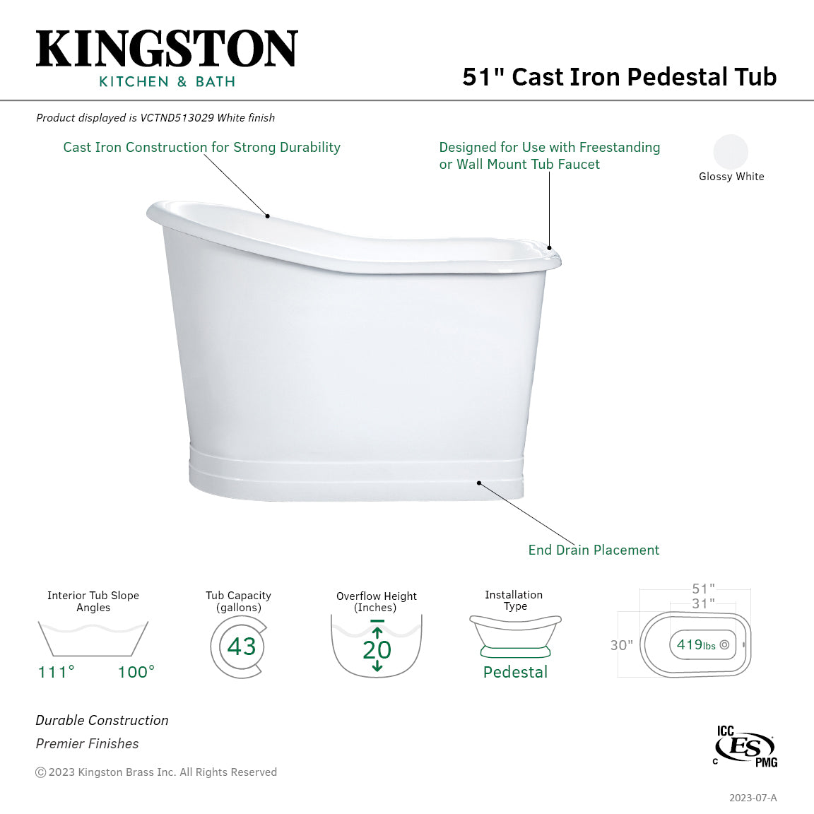 Kingston Brass VCTND513029 51" Cast Iron D-Shaped Single Slipper Pedestal Tub (No Faucet Drillings), White