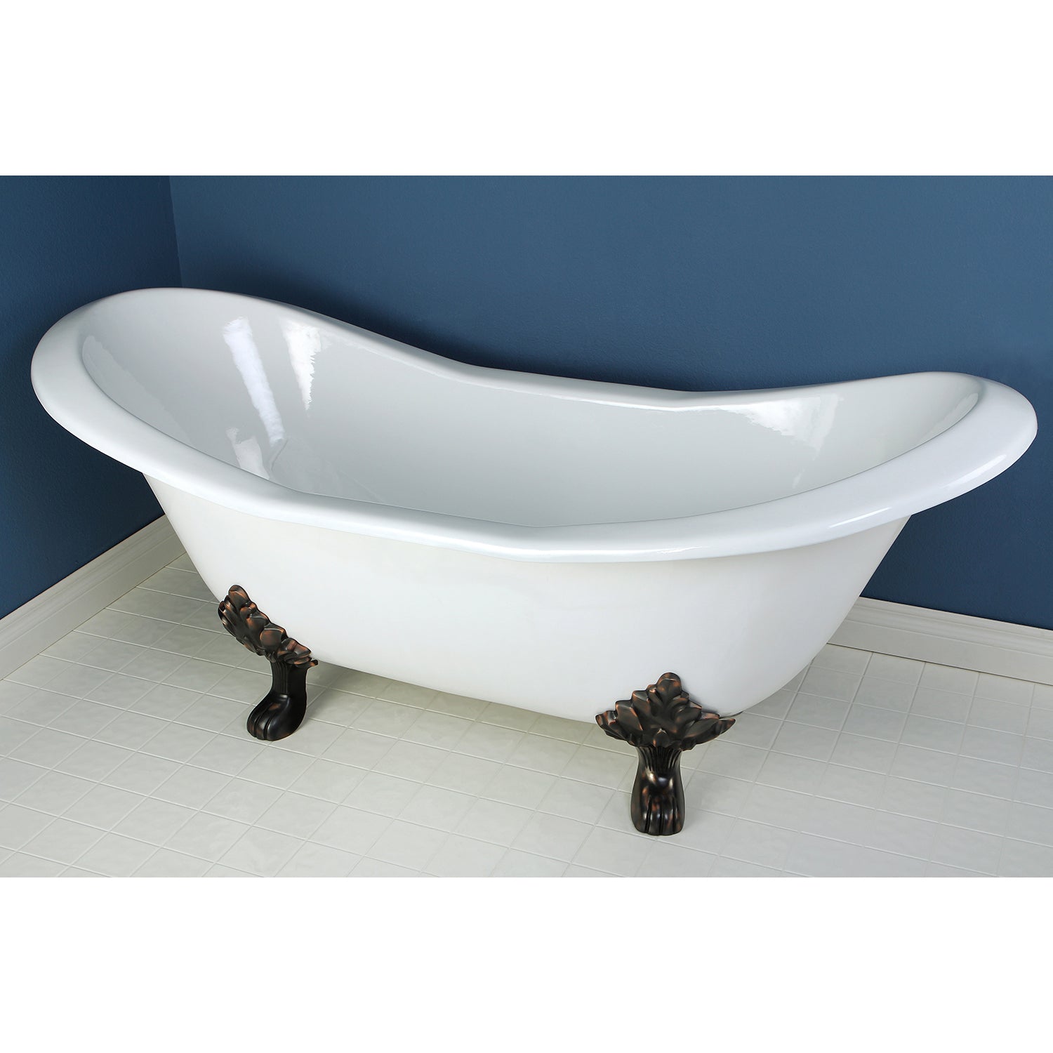 Aqua Eden VCTND7231NC5 72" Cast Iron Oval Double Slipper Clawfoot Tub (No Faucet Drillings), White/Oil Rubbed Bronze