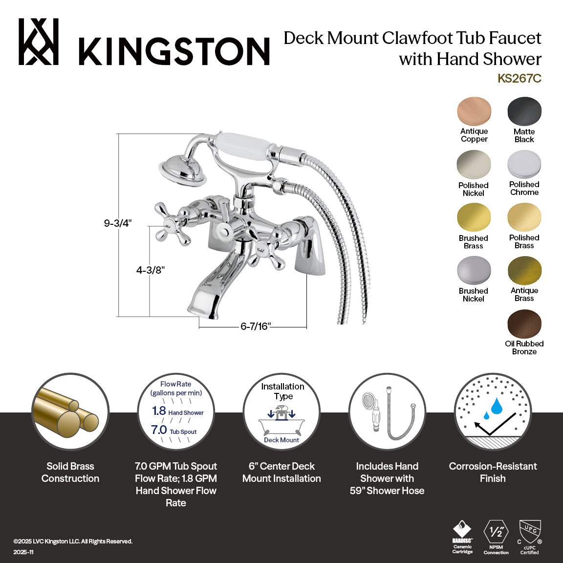 Kingston Brass KS267SN Kingston 6" Center Deck-Mount Clawfoot Tub Faucet with Hand Shower, Brushed Nickel