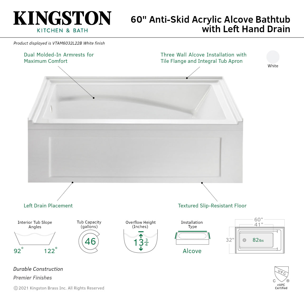 Aqua Eden VTAM6032L22B 60" Acrylic Rectangular 3-Wall Alcove Tub with Armrest and Anti-Skid Surface, Left Hand Drain, Glossy White