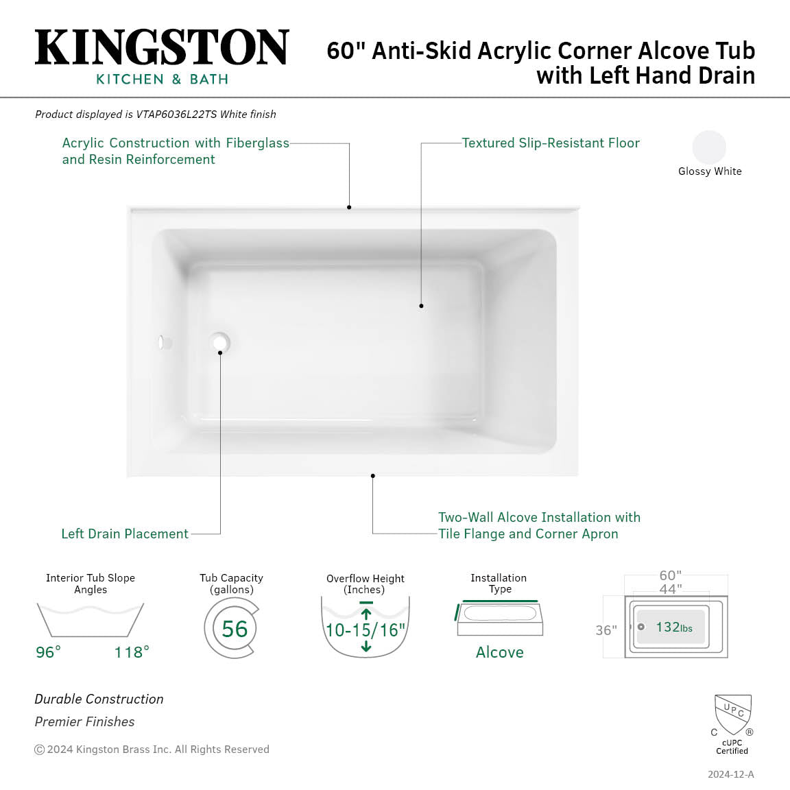 Aqua Eden VTAP6036L22TS 60" Acrylic Rectangular 2-Wall Corner Alcove Tub, Left Hand Drain, Glossy White