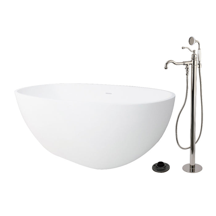 Kingston Brass KRTRS6531136AL 65" Solid Surface Oval Double Ended Freestanding Tub with Faucet Combo and Drain, Polished Nickel