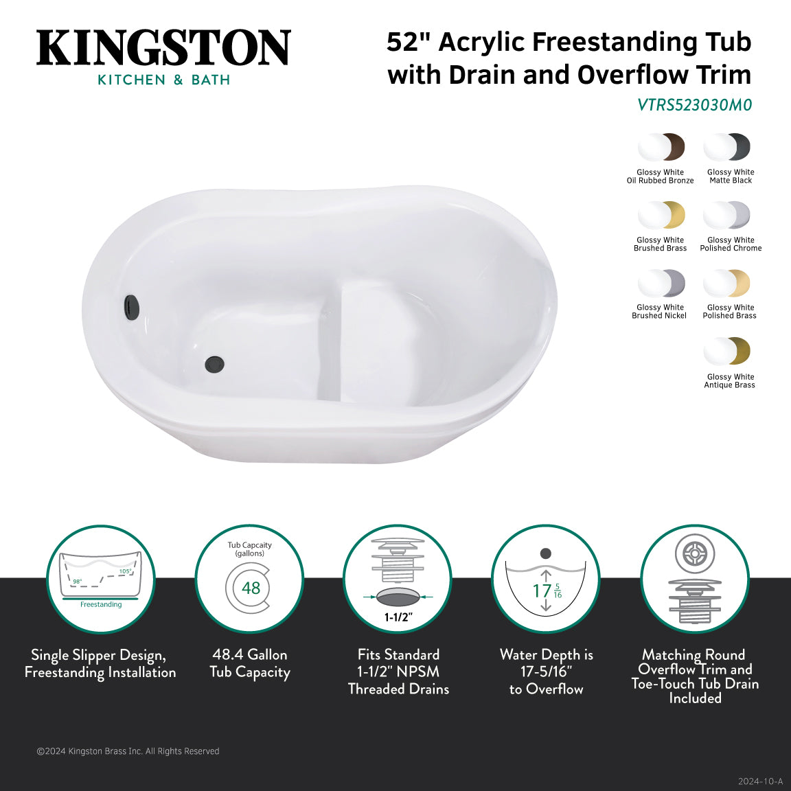 Kingston Brass VTRS523030M7 52" Acrylic Oval Single Slipper Freestanding Tub with Overflow/Drain Assembly and Integral Seat, Glossy White/Brushed Brass