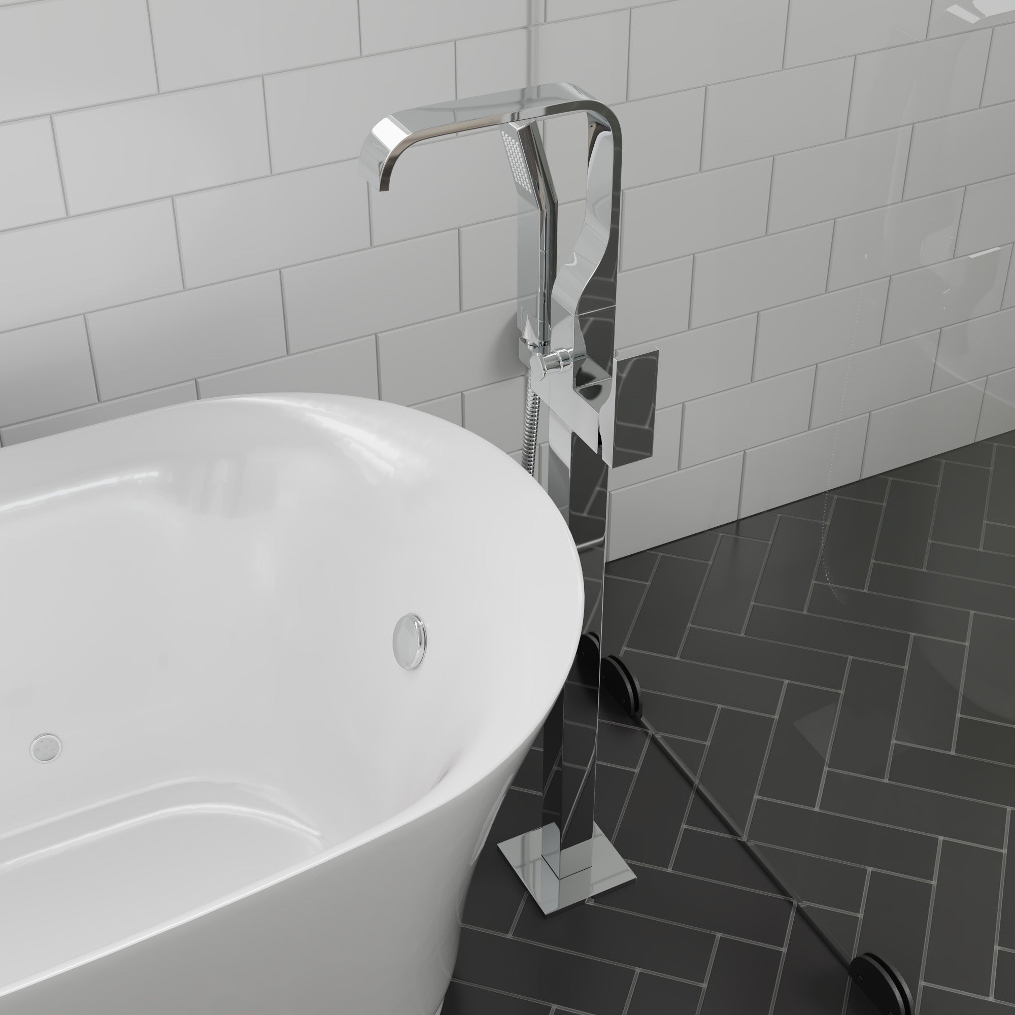 ALFI AB2180-PC Polished Chrome Single Lever Floor Mounted Tub Filler Mixer w Hand Held Shower Head