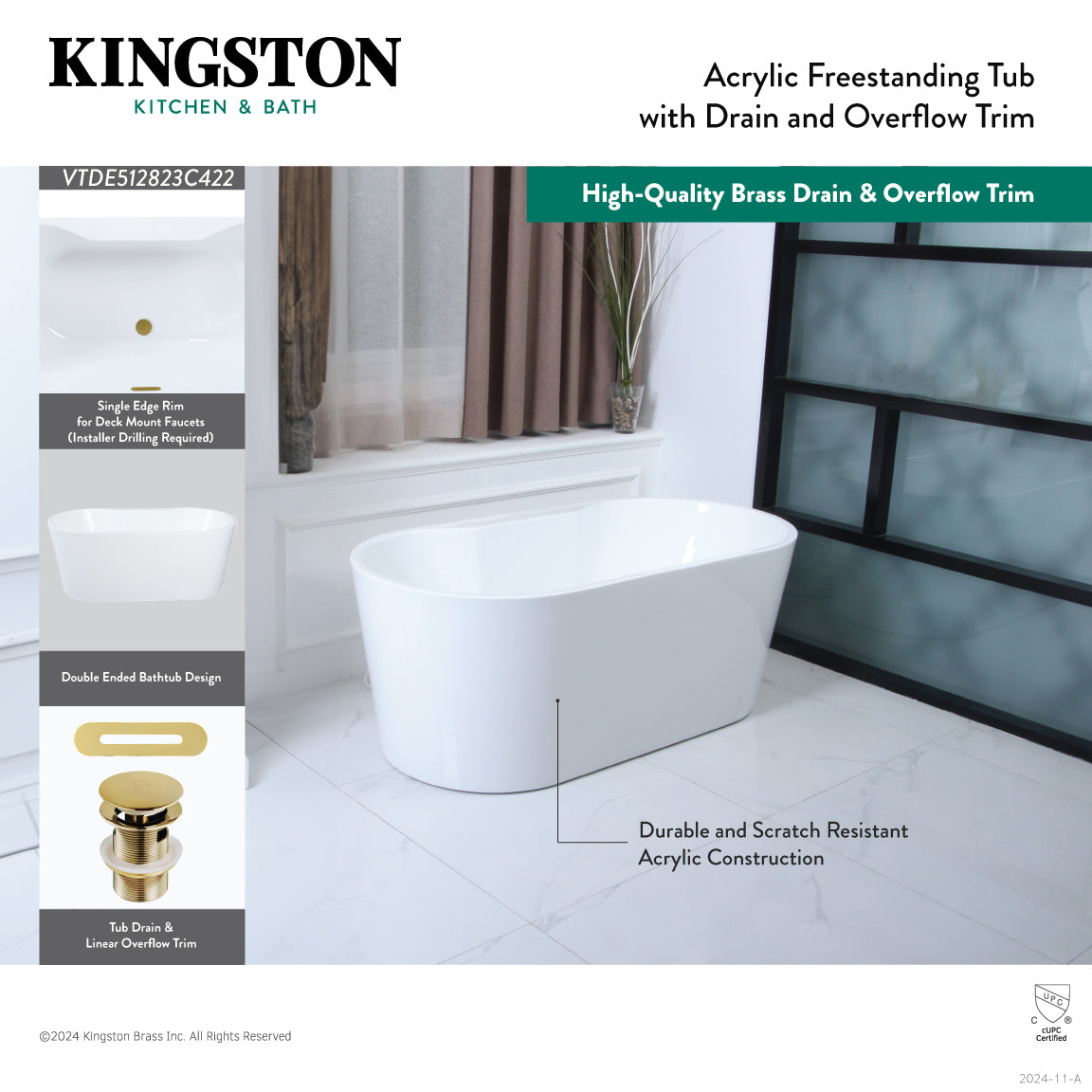 Kingston Brass VTDE512823C428 51" Acrylic Oval Double Ended Freestanding Tub with Drain, Glossy White/Brushed Nickel