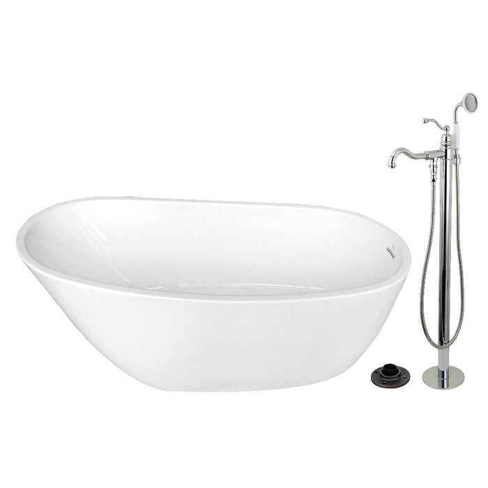 Kingston Brass KTRS5929131AL 59" Acrylic Oval Single Slipper Freestanding Tub with Faucet Combo and Drain, Glossy White/Polished Chrome