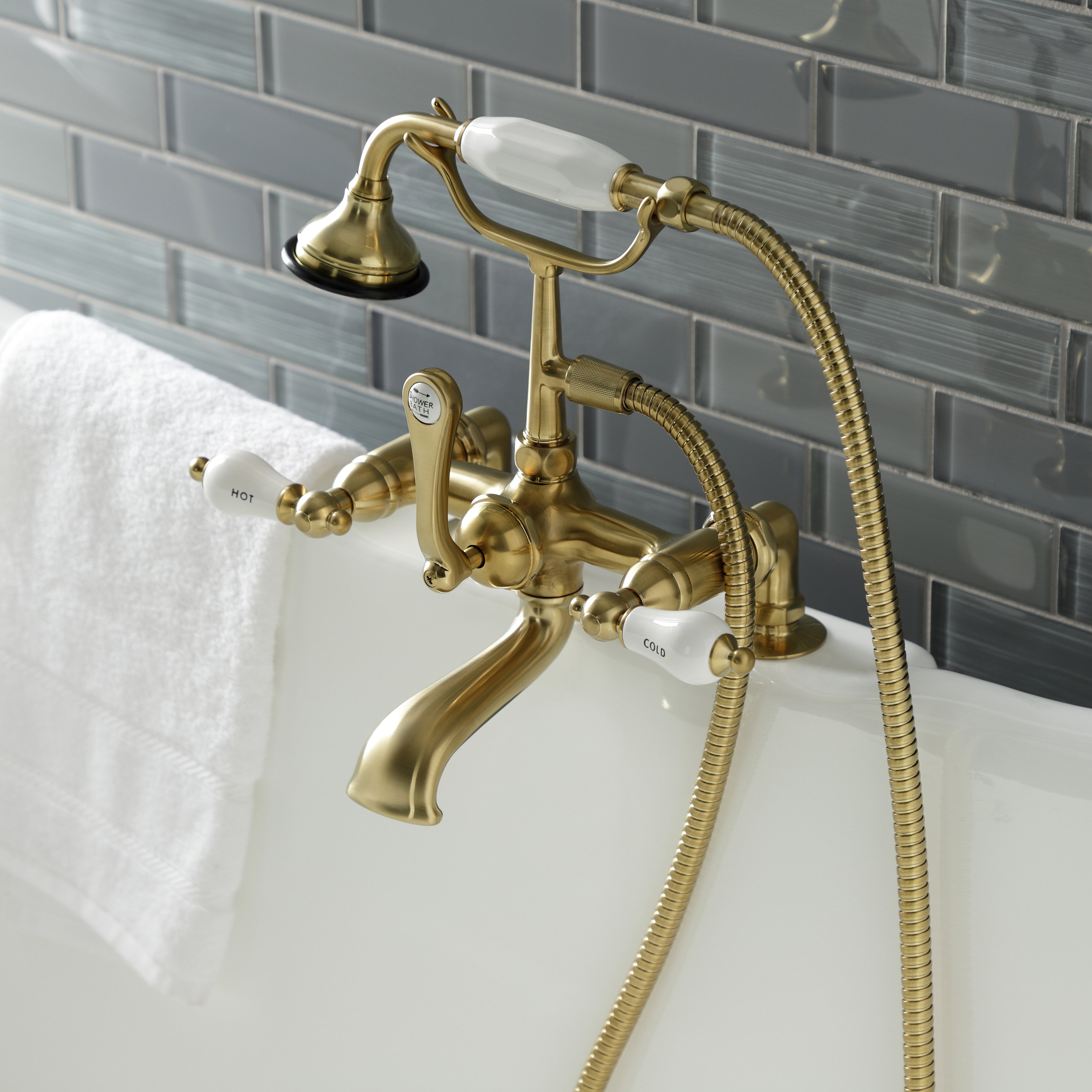Aqua Vintage AE207T7 Aqua Vintage 7" Center Deck-Mount Clawfoot Tub Faucet with Hand Shower, Brushed Brass